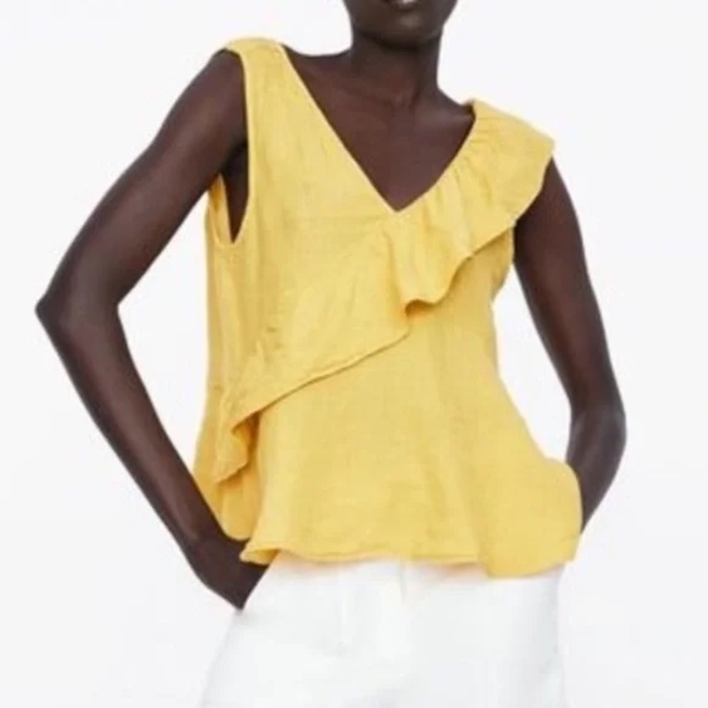 ZARA 100% Linen Ruffle Blouse, Yellow (S)